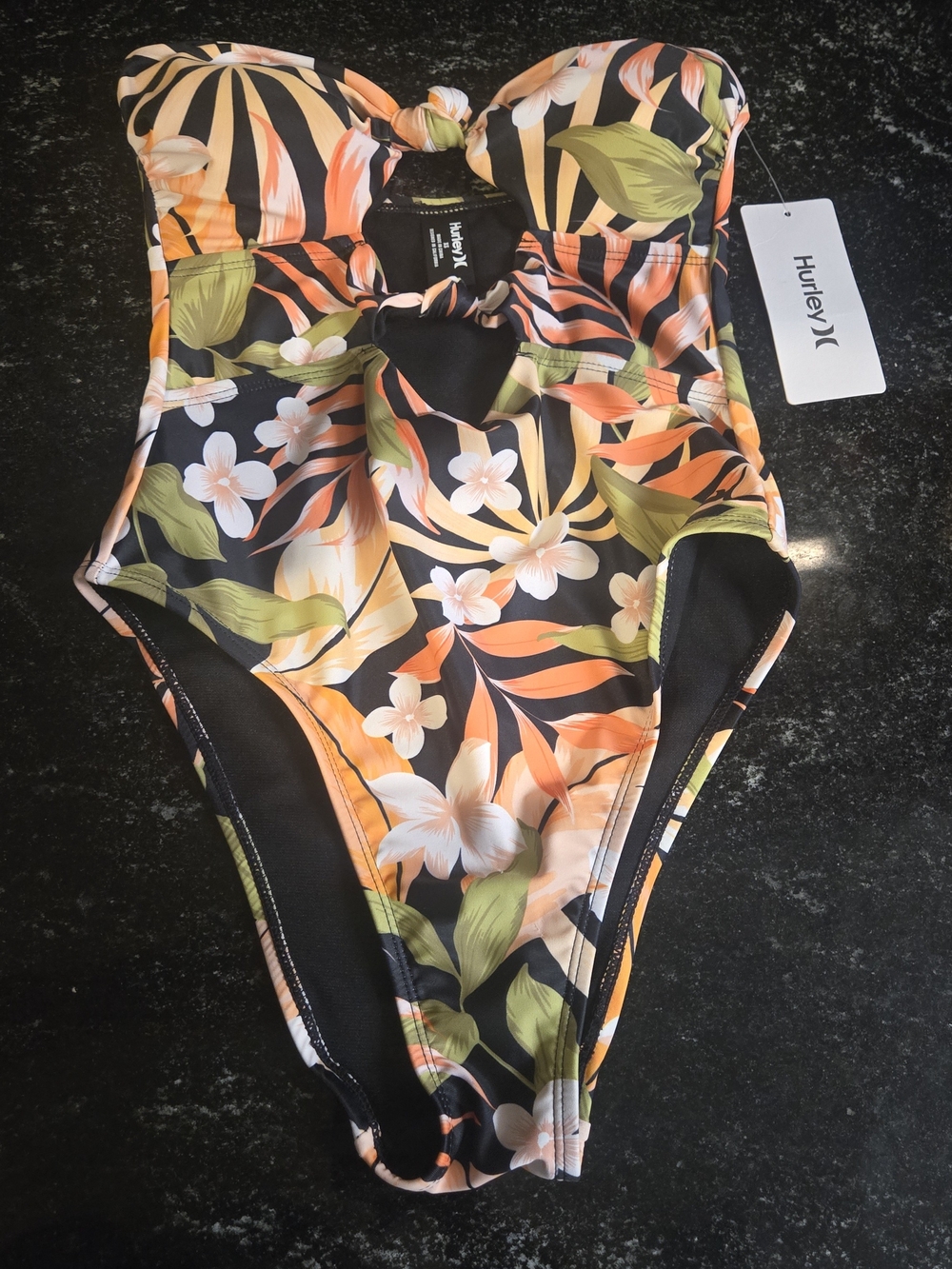 Hurley Lani Floral Cheeky Knot One Piece Swimsuit Black & Orange XS